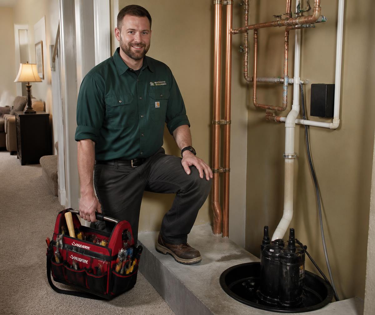 Plumber with a tool bag beside a residential sump pump and copper piping
