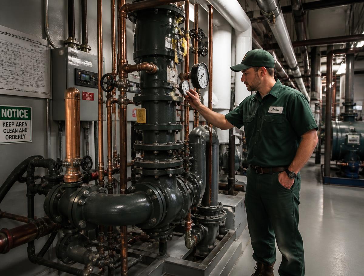 Plumber checking pressure gauges in a commercial mechanical room