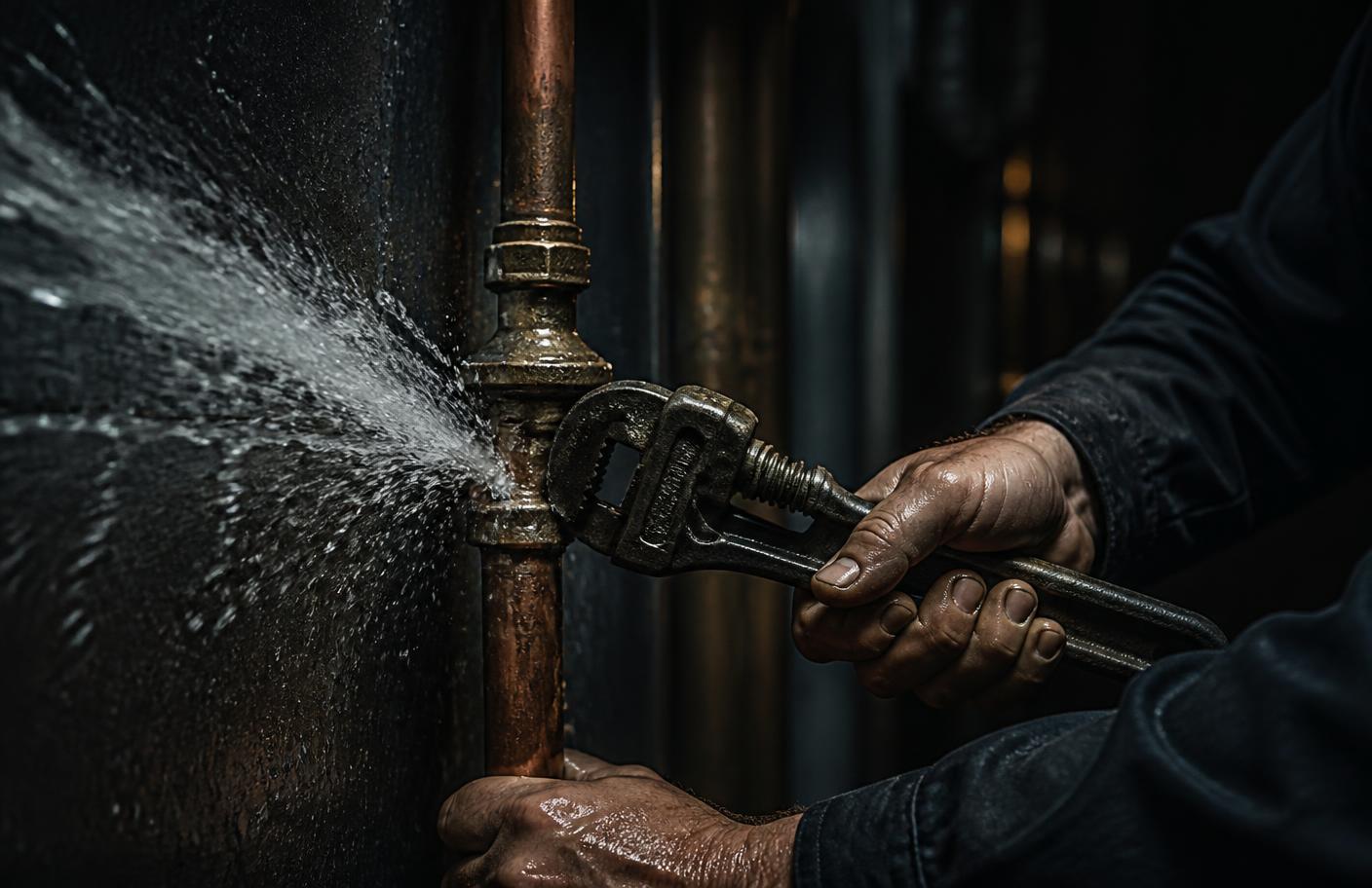 Plumber tightening a burst copper pipe with a wrench