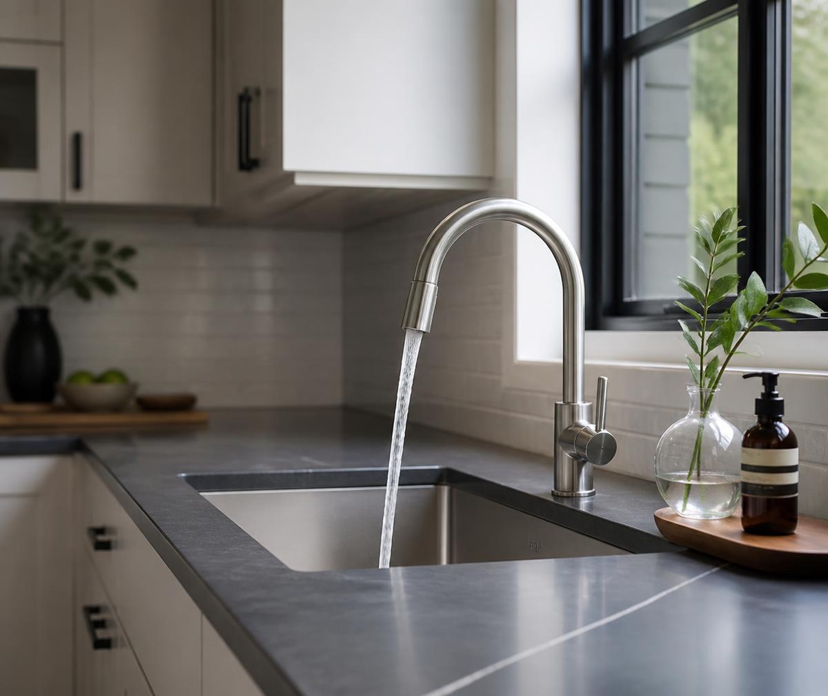 Modern residential kitchen sink with running stainless steel faucet
