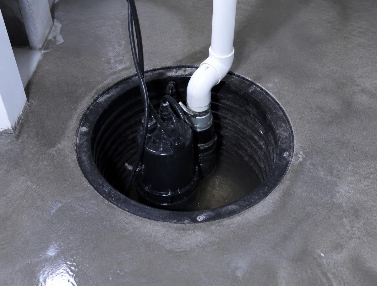 Basement sump pump in a concrete pit with discharge piping