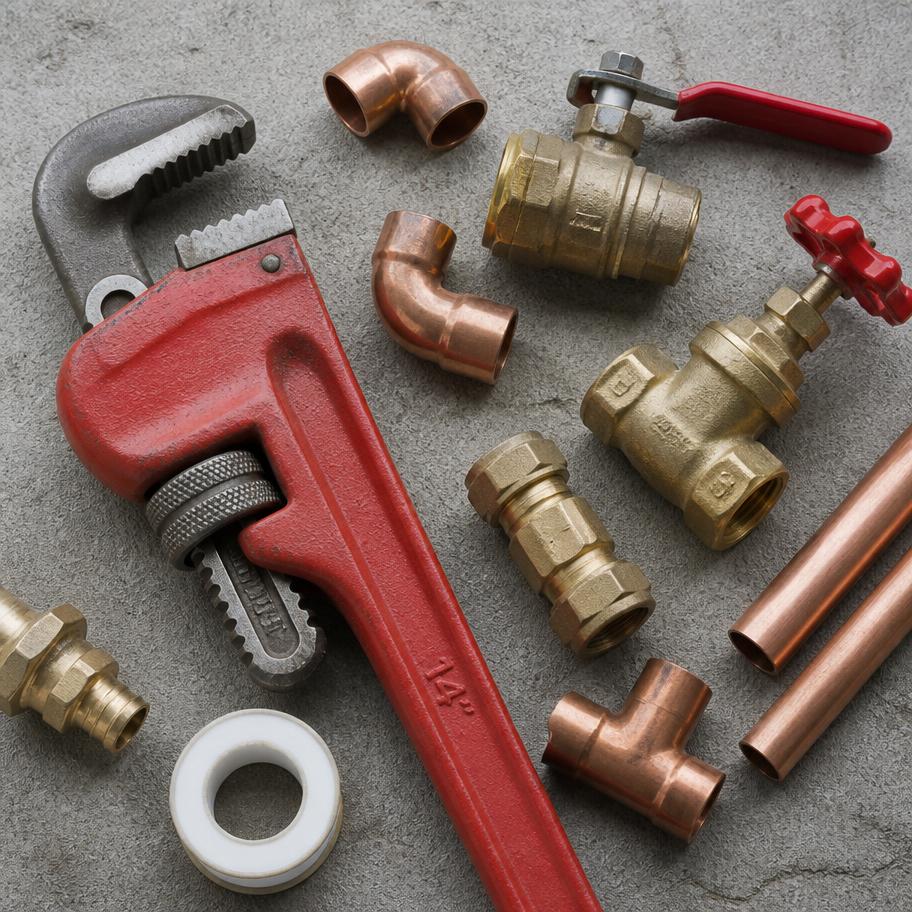 Pipe wrench, copper fittings and brass valves used for plumbing repairs